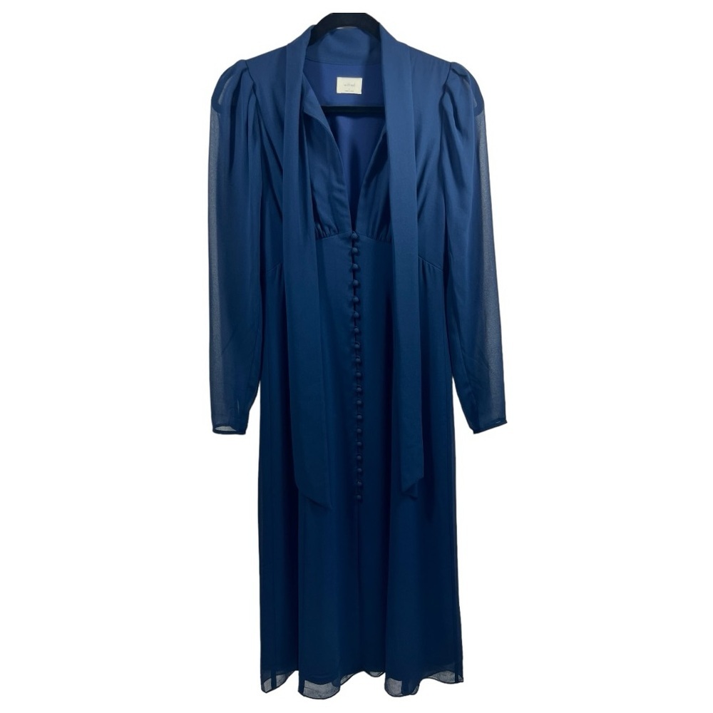 Wilfred Navy Blue Midi Dress with Tie Neck